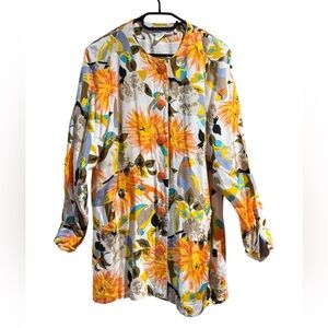 Vintage Simon Chang Button Front Blouse Jacket Parrot Floral Print Oversized